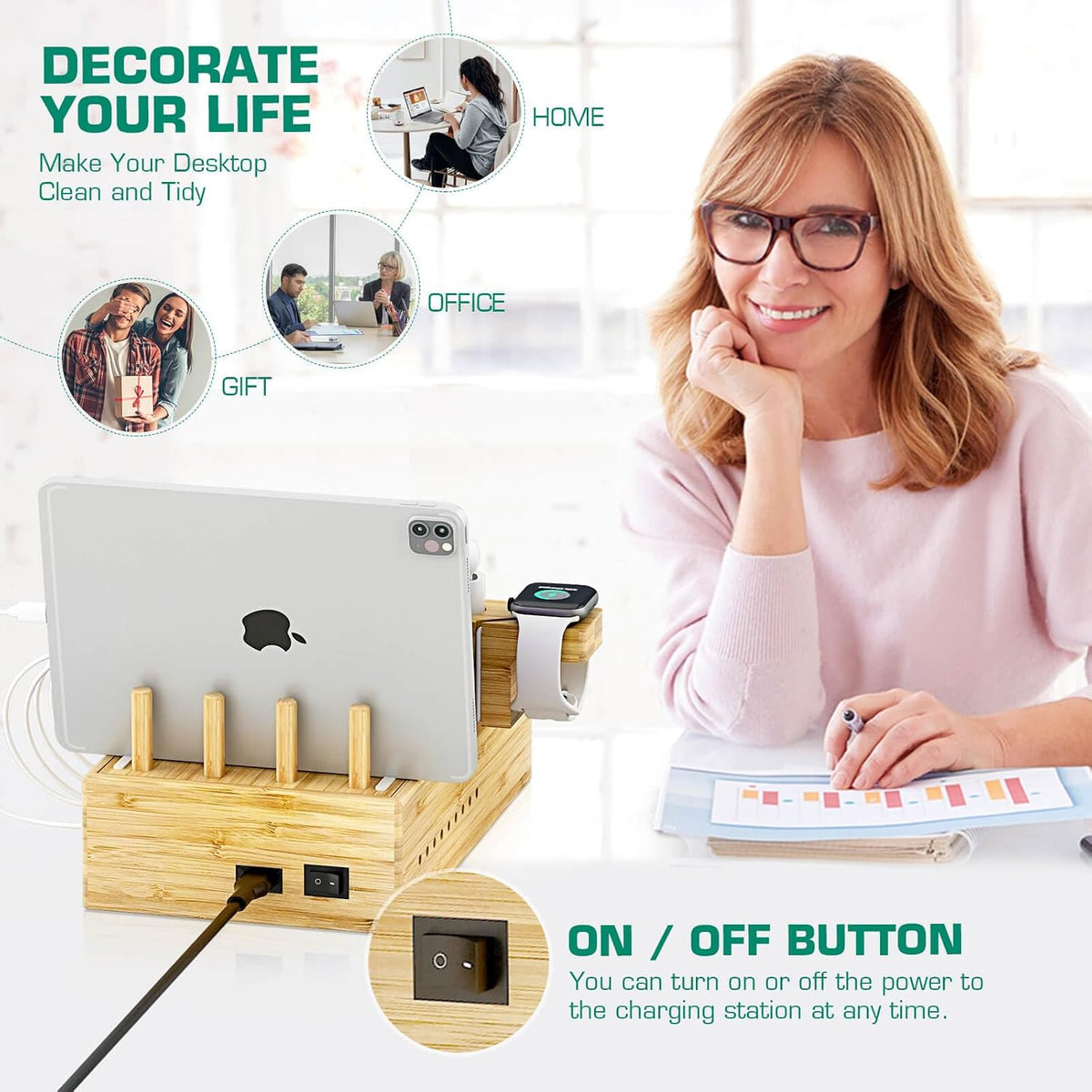 Bamboo Wireless Charging Station for Multiple Devices,Wood Charging Station