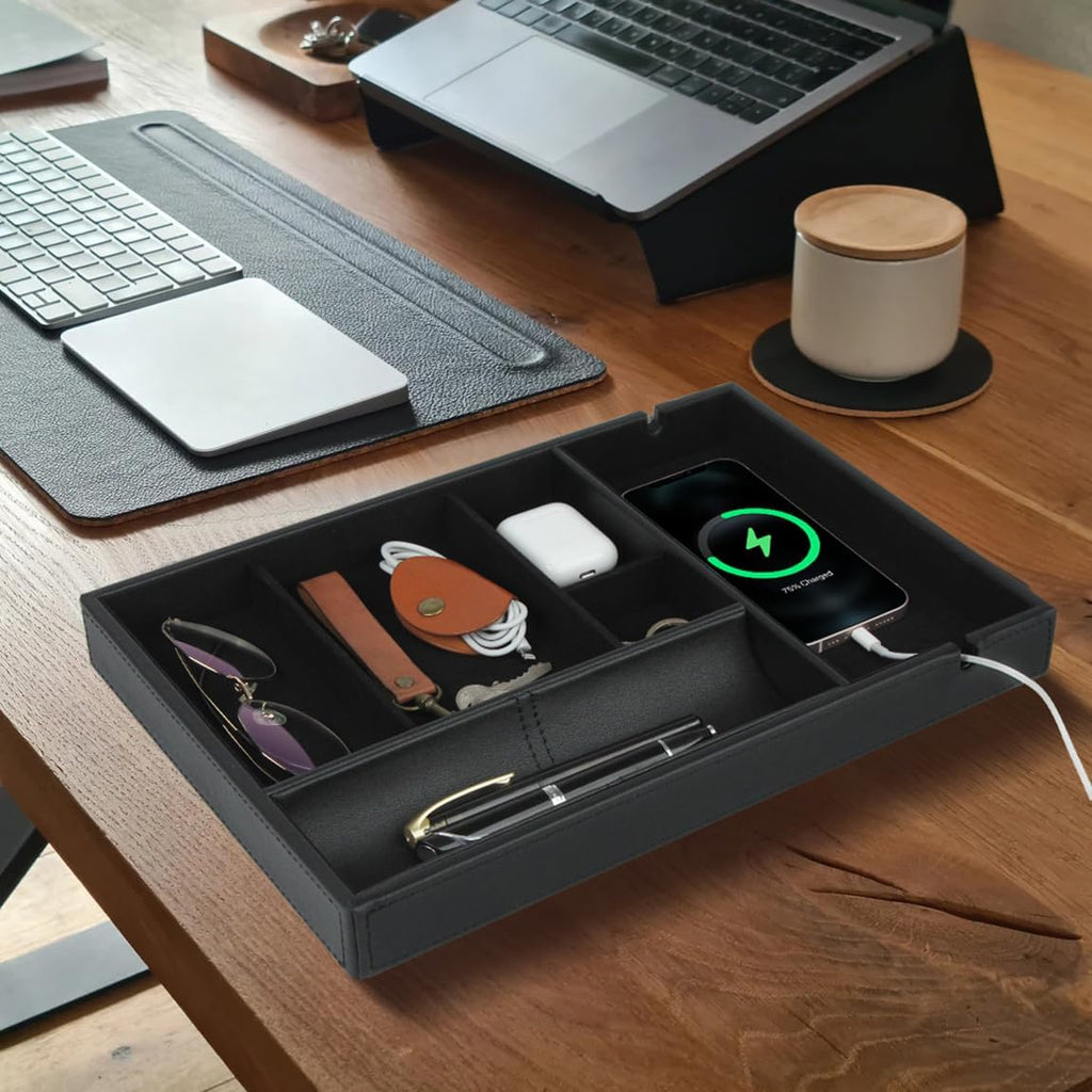 Faux Leather Valet Tray for Gift, Nightstand Organizer Decorative Dresser Tray Box with Phone Charging Station, Storage Catchall for Men and Women (Black Organizer)