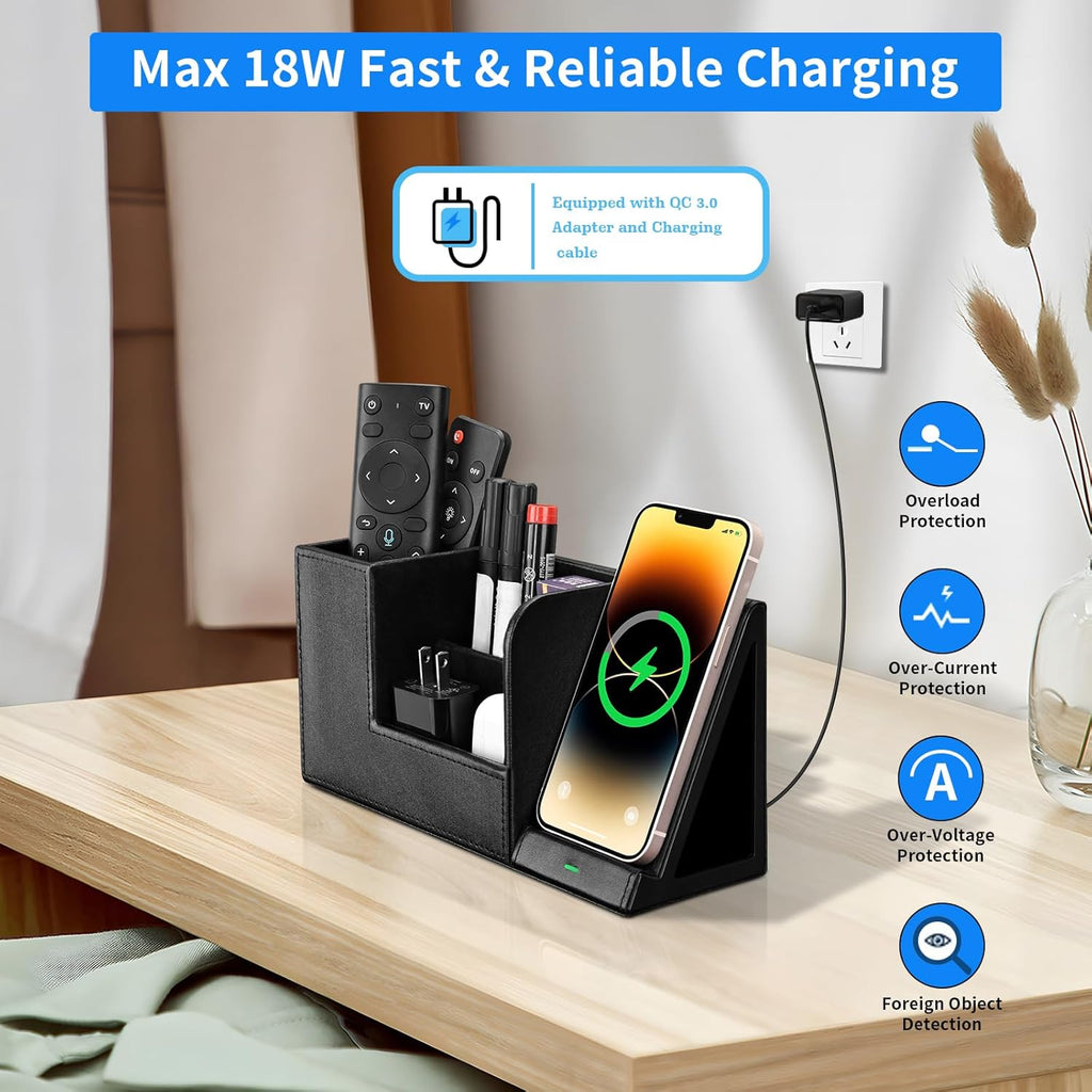 Wireless Charger with Desk Organizer, Fast Charging Station for Iphone 15 14 13 12 11 Pro Max/Samsung Galaxy S23/S22/S21/S20/Z Flip/Fold 5, Desk Phone Charger Stand Office Desktop Organizer Leather