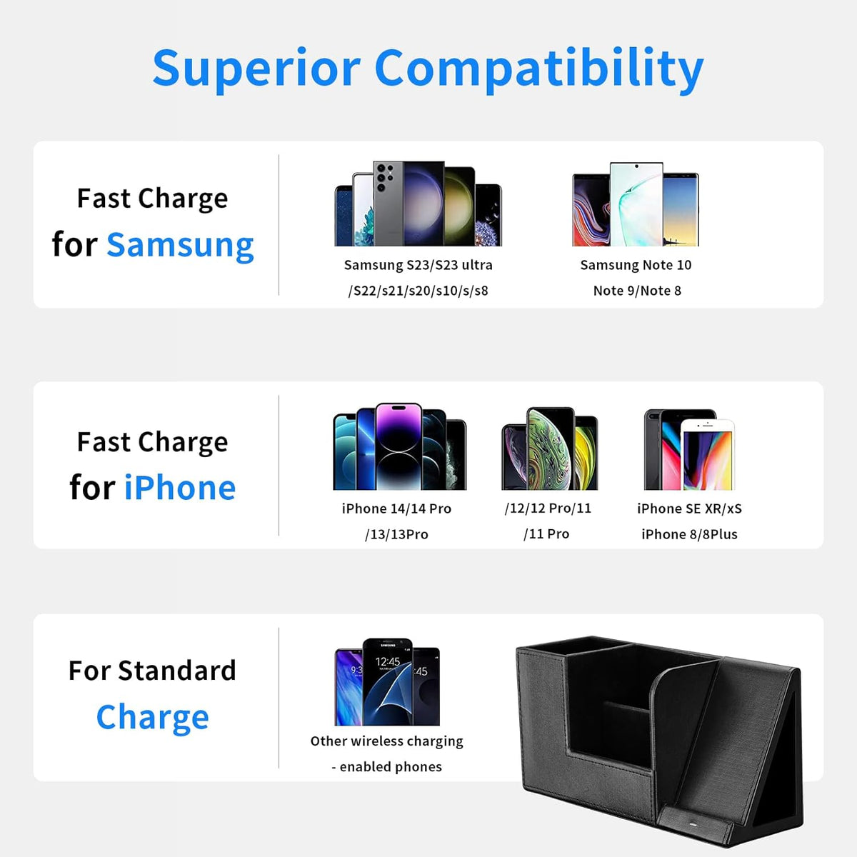 Wireless Charger with Desk Organizer, Fast Charging Station for Iphone 15 14 13 12 11 Pro Max/Samsung Galaxy S23/S22/S21/S20/Z Flip/Fold 5, Desk Phone Charger Stand Office Desktop Organizer Leather