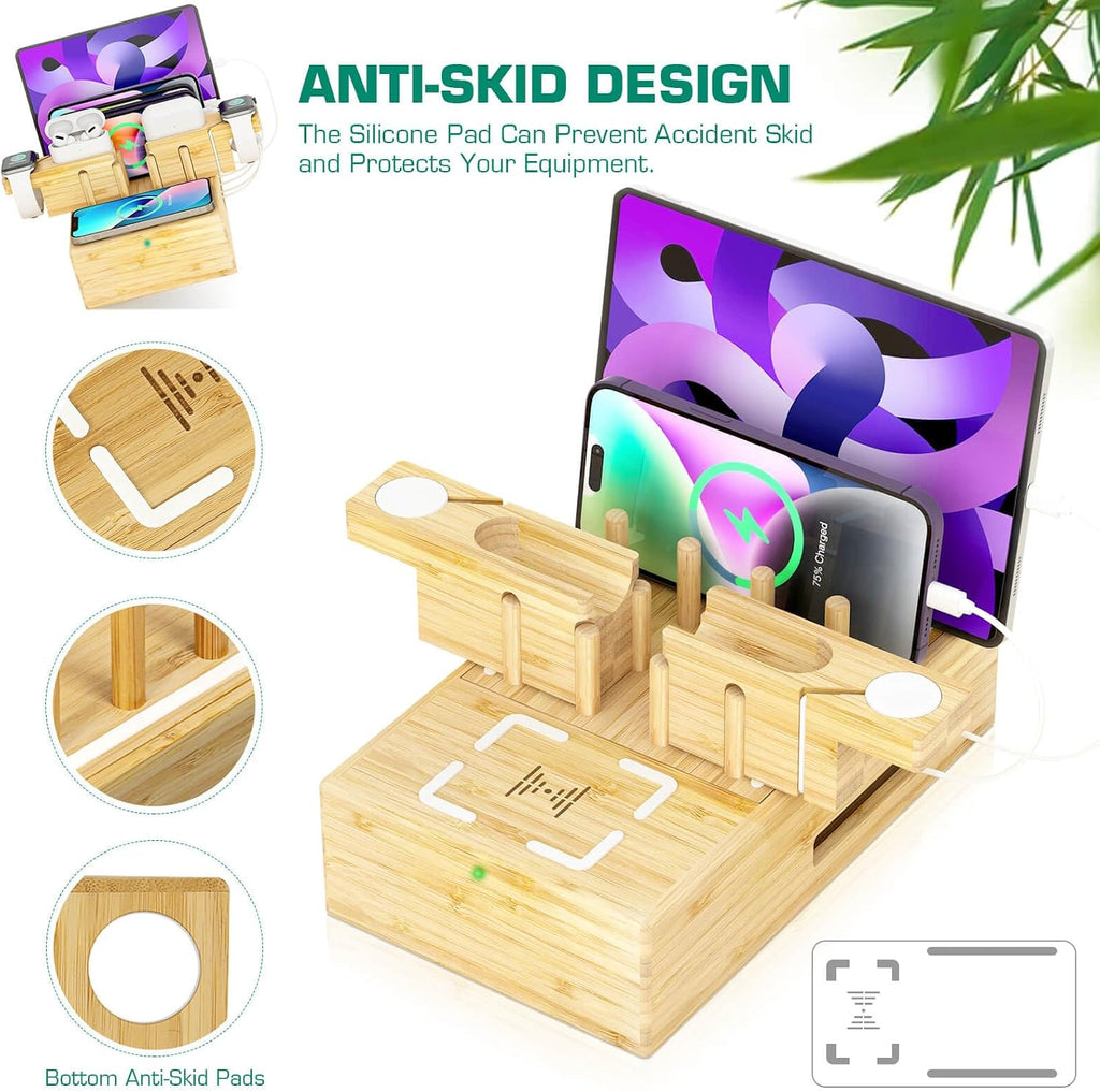 Bamboo Wireless Charging Station for Multiple Devices,Wood Charging Station