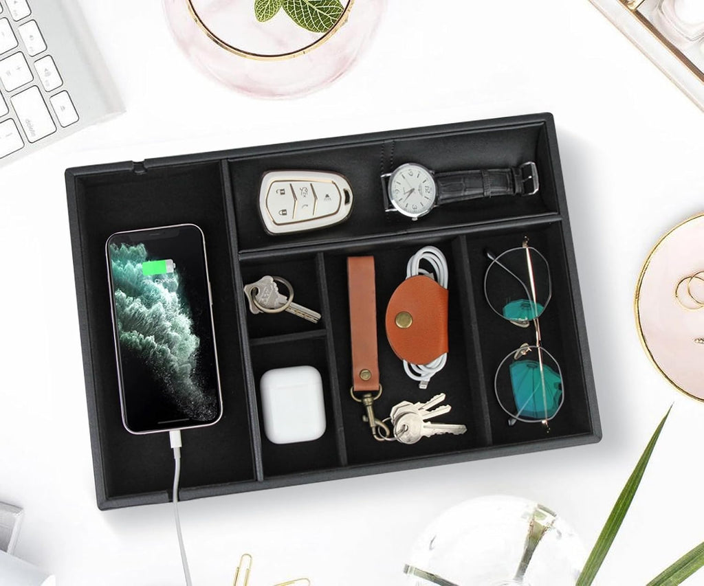 Faux Leather Valet Tray for Gift, Nightstand Organizer Decorative Dresser Tray Box with Phone Charging Station, Storage Catchall for Men and Women (Black Organizer)
