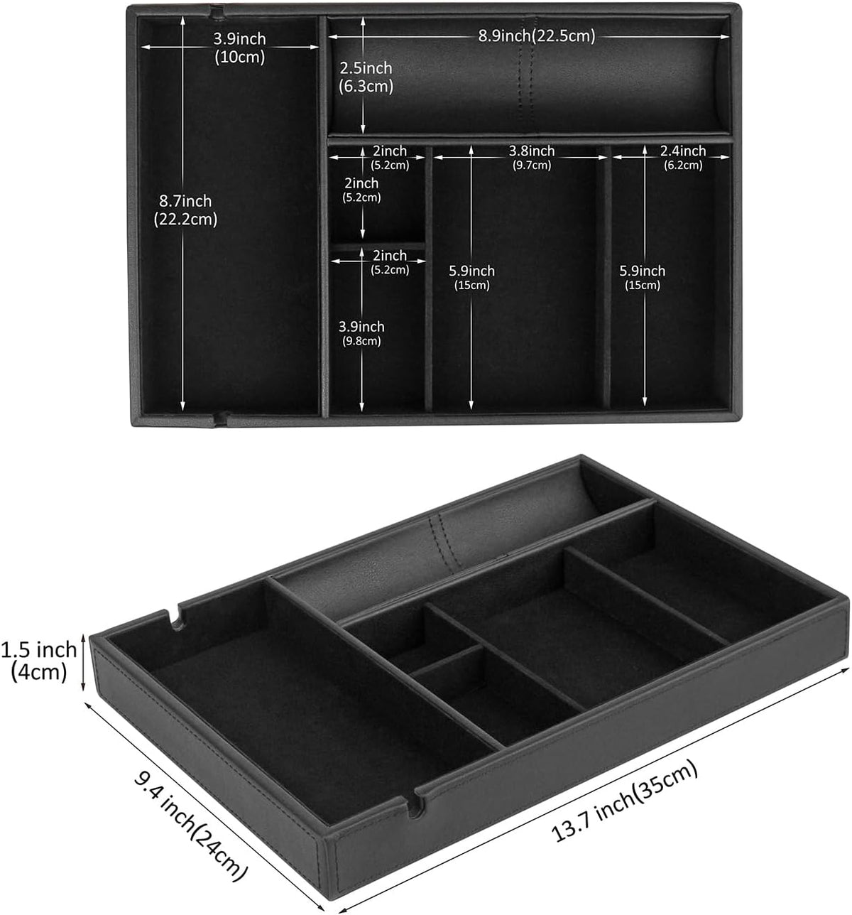 Faux Leather Valet Tray for Gift, Nightstand Organizer Decorative Dresser Tray Box with Phone Charging Station, Storage Catchall for Men and Women (Black Organizer)