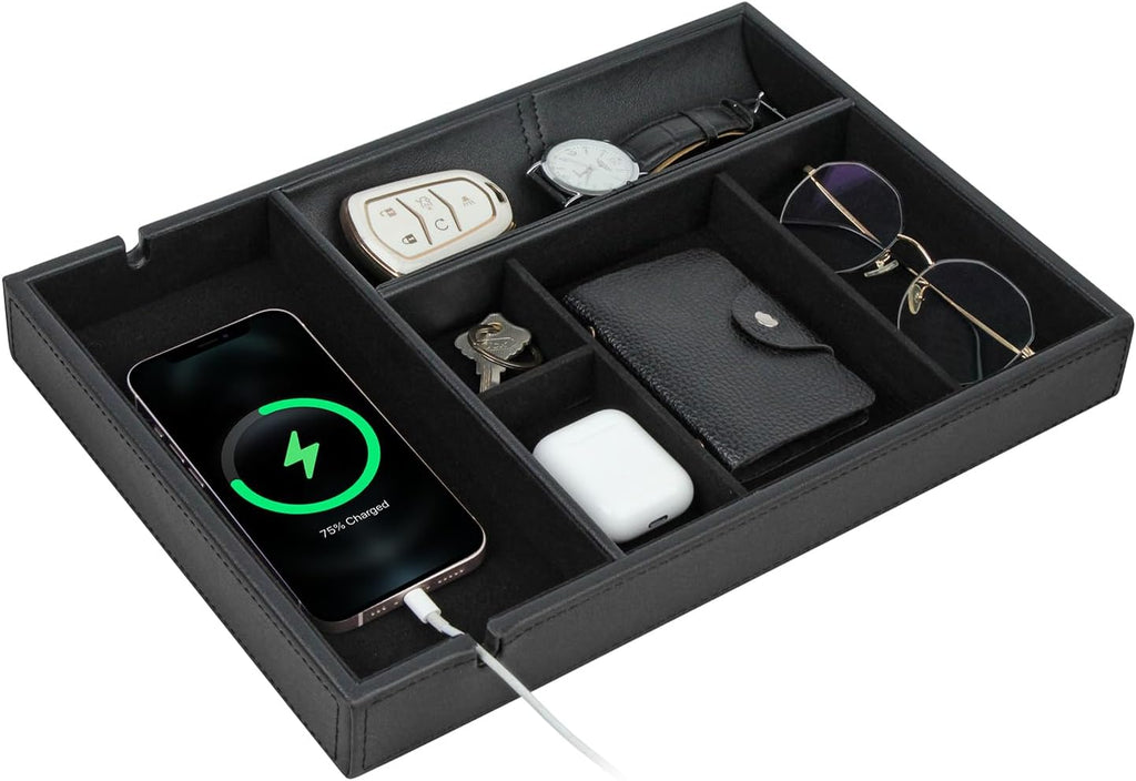 Faux Leather Valet Tray for Gift, Nightstand Organizer Decorative Dresser Tray Box with Phone Charging Station, Storage Catchall for Men and Women (Black Organizer)