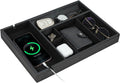 Faux Leather Valet Tray for Gift, Nightstand Organizer Decorative Dresser Tray Box with Phone Charging Station, Storage Catchall for Men and Women (Black Organizer)