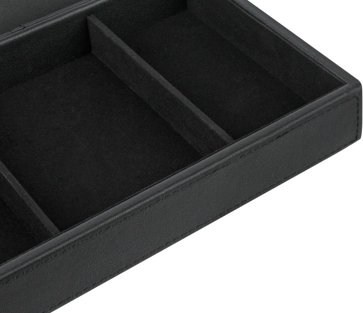 Faux Leather Valet Tray for Gift, Nightstand Organizer Decorative Dresser Tray Box with Phone Charging Station, Storage Catchall for Men and Women (Black Organizer)