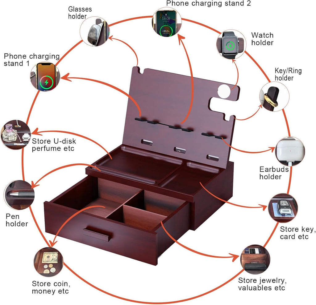 Nightstand Organizer with Drawer Built in 4 USB Quick Charger, Wood Phone Docking Station with Dual Phone Charging Station for Apple Android Phones Anniversary Birthday Gifts for Men Dad Hunsband Mom