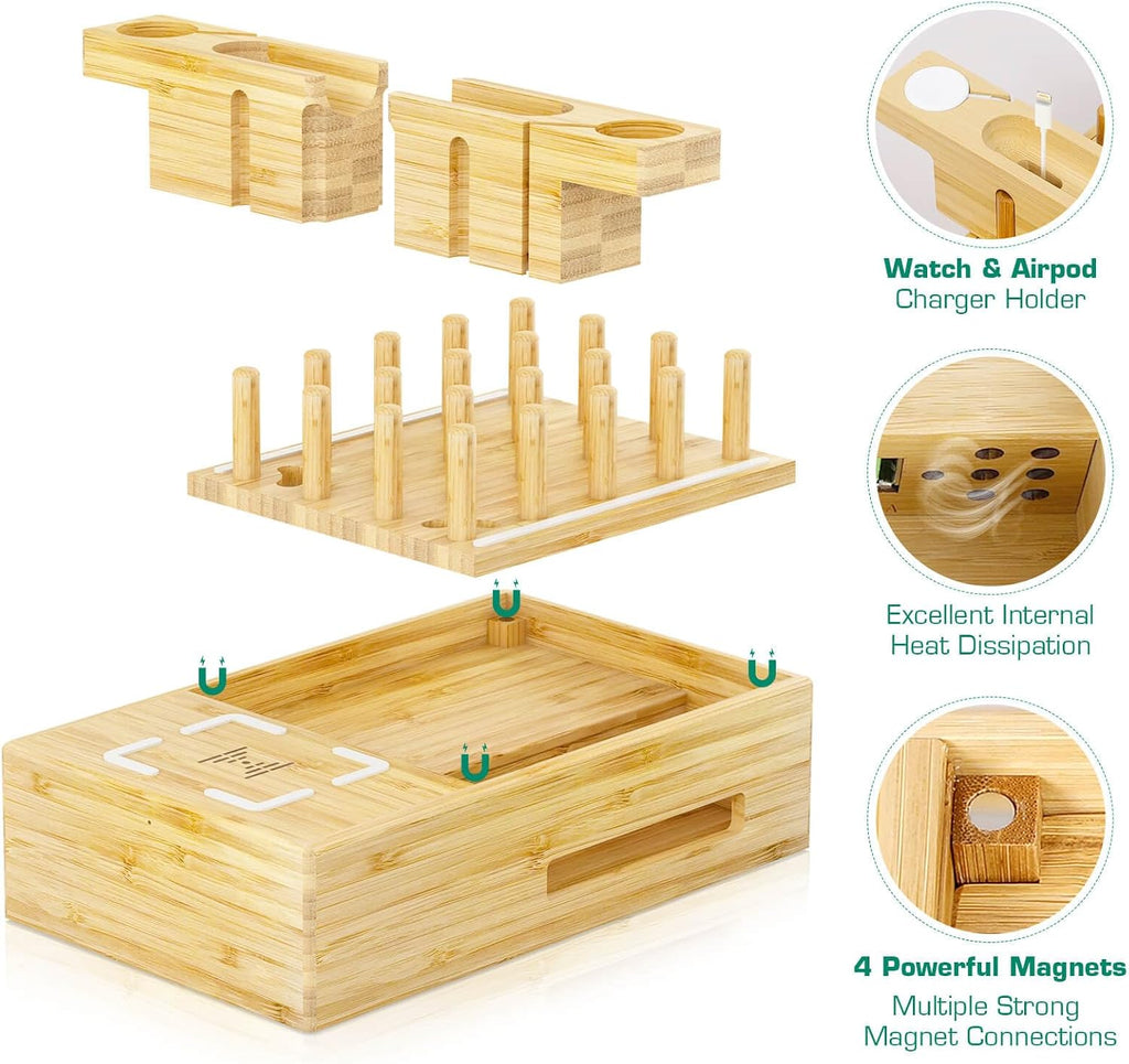 Bamboo Wireless Charging Station for Multiple Devices,Wood Charging Station