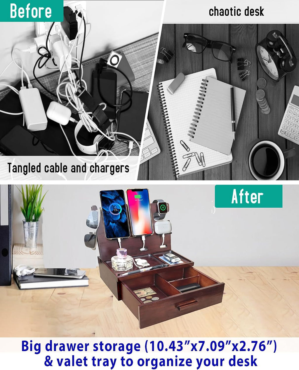 Nightstand Organizer with Drawer Built in 4 USB Quick Charger, Wood Phone Docking Station with Dual Phone Charging Station for Apple Android Phones Anniversary Birthday Gifts for Men Dad Hunsband Mom