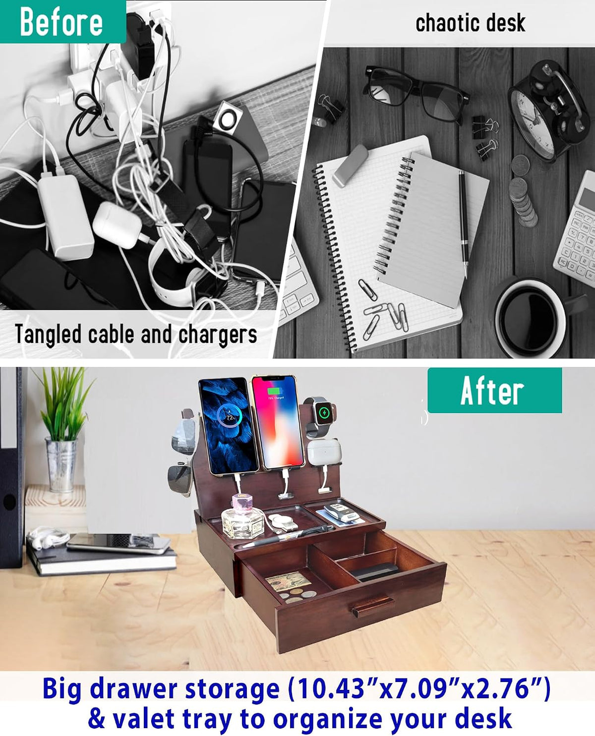 Nightstand Organizer with Drawer Built in 4 USB Quick Charger, Wood Phone Docking Station with Dual Phone Charging Station for Apple Android Phones Anniversary Birthday Gifts for Men Dad Hunsband Mom