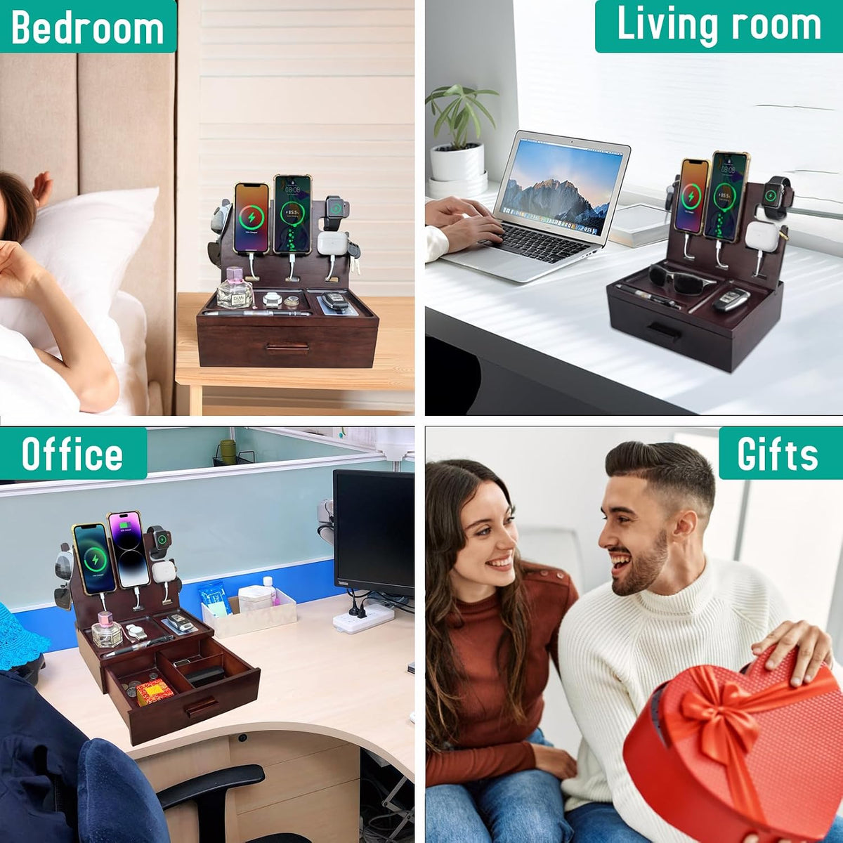 Nightstand Organizer with Drawer Built in 4 USB Quick Charger, Wood Phone Docking Station with Dual Phone Charging Station for Apple Android Phones Anniversary Birthday Gifts for Men Dad Hunsband Mom