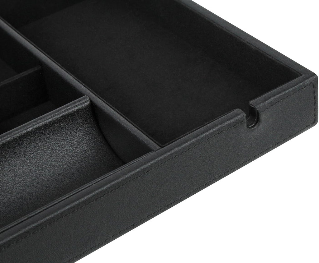 Faux Leather Valet Tray for Gift, Nightstand Organizer Decorative Dresser Tray Box with Phone Charging Station, Storage Catchall for Men and Women (Black Organizer)