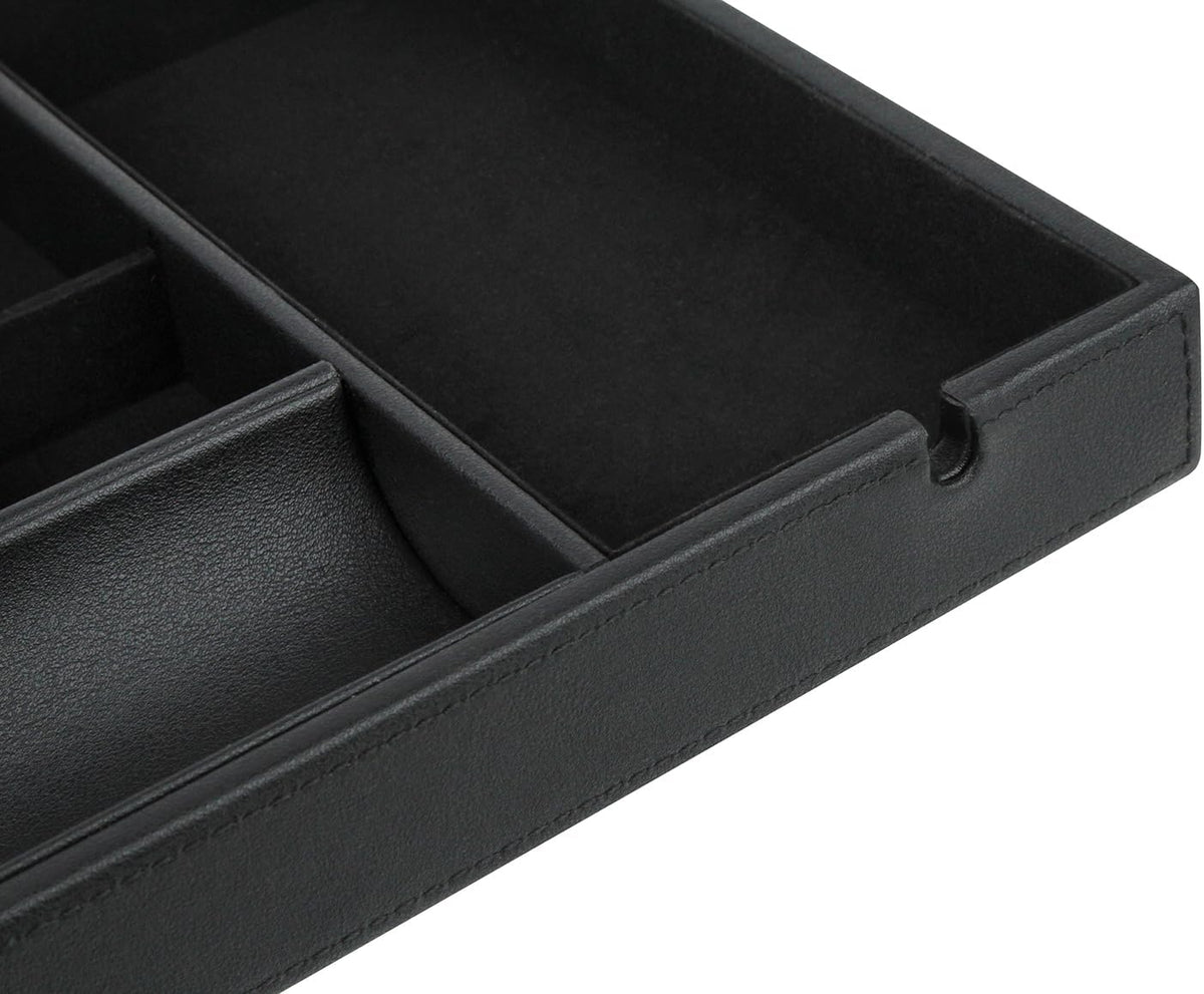 Faux Leather Valet Tray for Gift, Nightstand Organizer Decorative Dresser Tray Box with Phone Charging Station, Storage Catchall for Men and Women (Black Organizer)