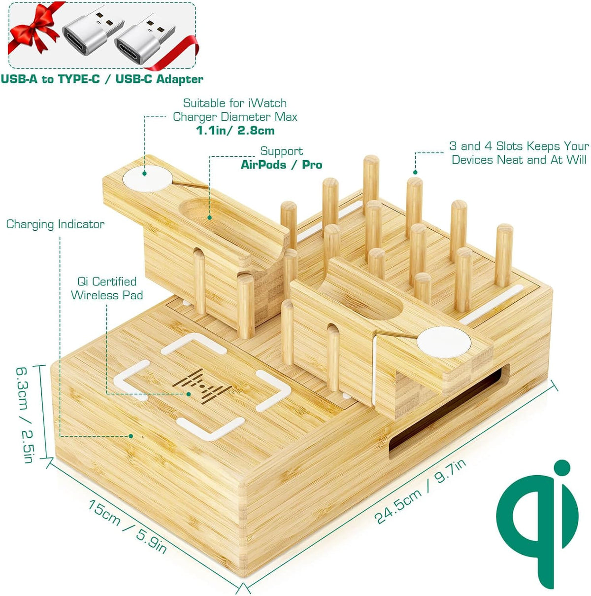 Bamboo Wireless Charging Station for Multiple Devices,Wood Charging Station
