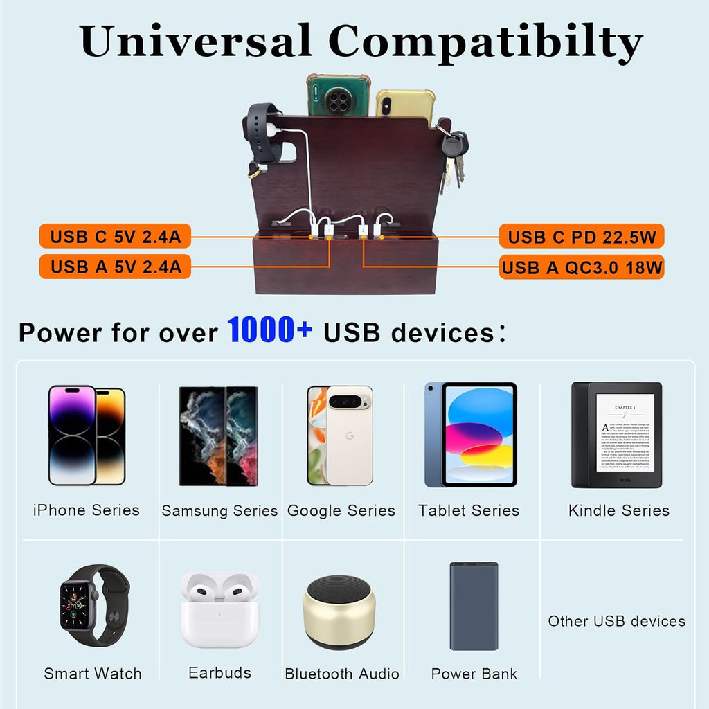 Nightstand Organizer with Drawer Built in 4 USB Quick Charger, Wood Phone Docking Station with Dual Phone Charging Station for Apple Android Phones Anniversary Birthday Gifts for Men Dad Hunsband Mom