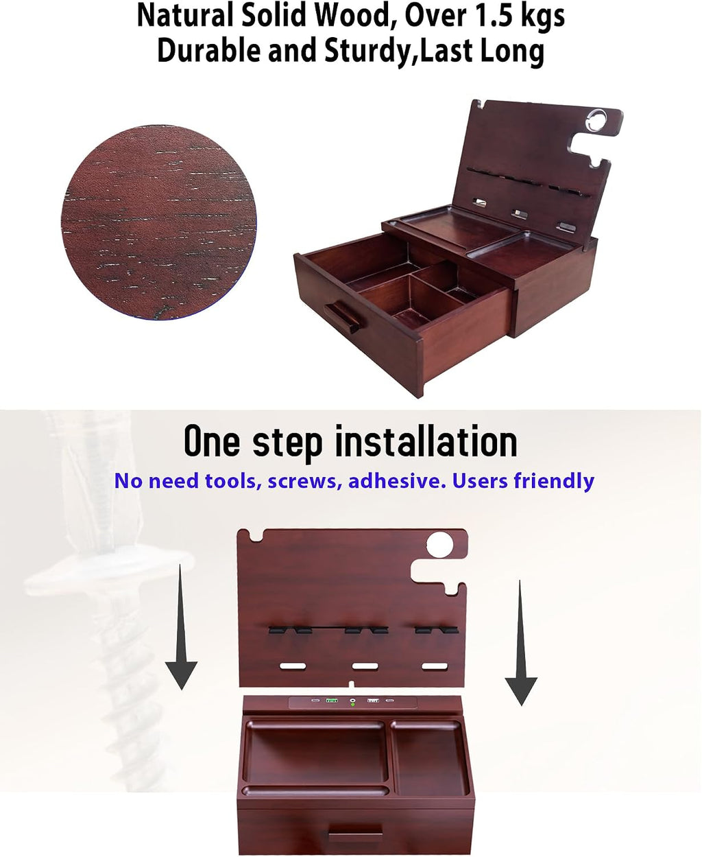 Nightstand Organizer with Drawer Built in 4 USB Quick Charger, Wood Phone Docking Station with Dual Phone Charging Station for Apple Android Phones Anniversary Birthday Gifts for Men Dad Hunsband Mom