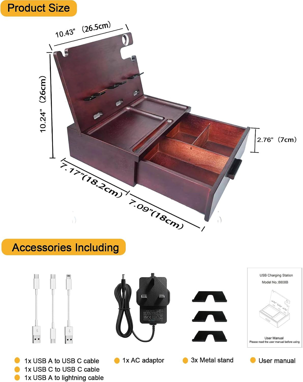 Nightstand Organizer with Drawer Built in 4 USB Quick Charger, Wood Phone Docking Station with Dual Phone Charging Station for Apple Android Phones Anniversary Birthday Gifts for Men Dad Hunsband Mom
