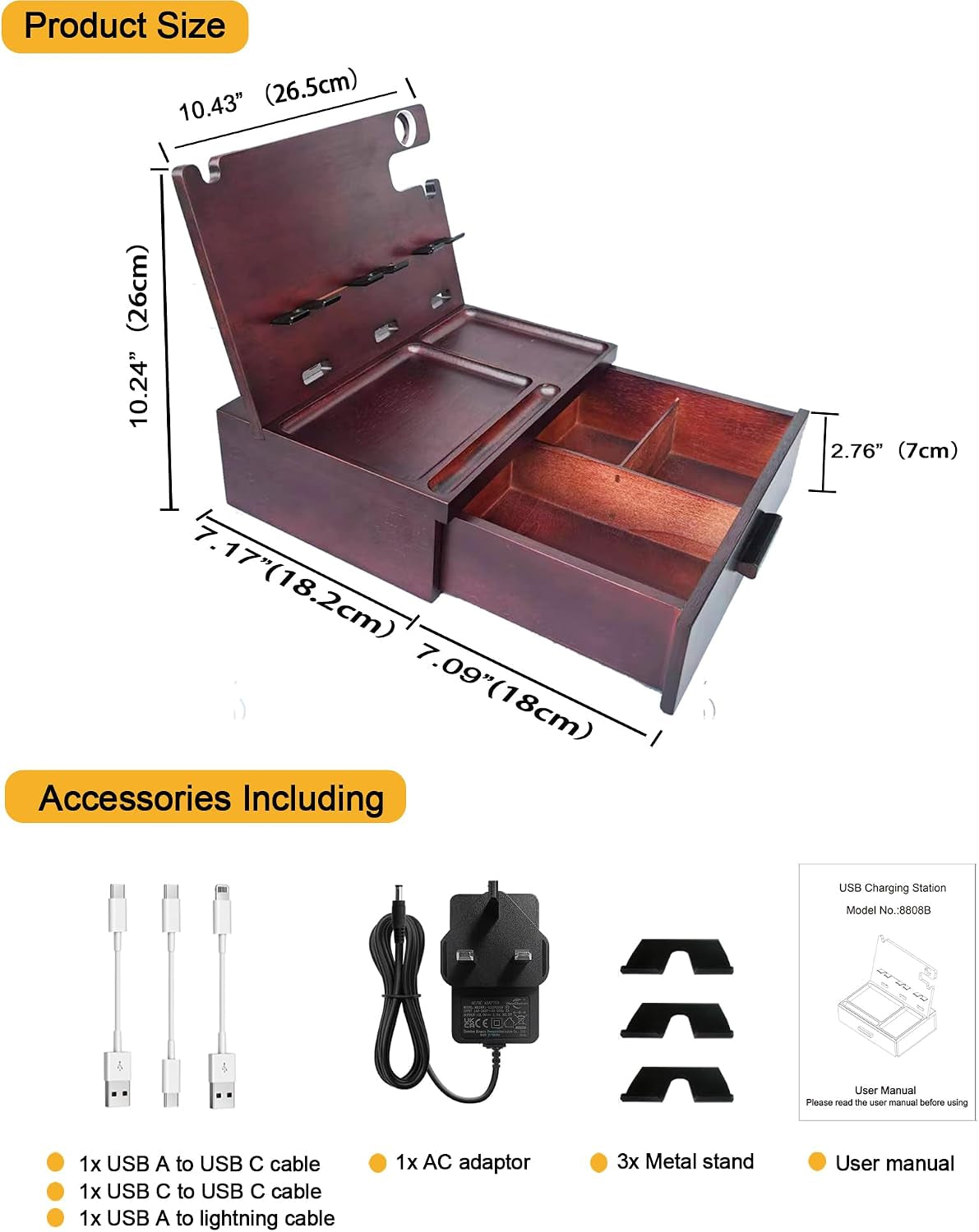 Nightstand Organizer with Drawer Built in 4 USB Quick Charger, Wood Phone Docking Station with Dual Phone Charging Station for Apple Android Phones Anniversary Birthday Gifts for Men Dad Hunsband Mom
