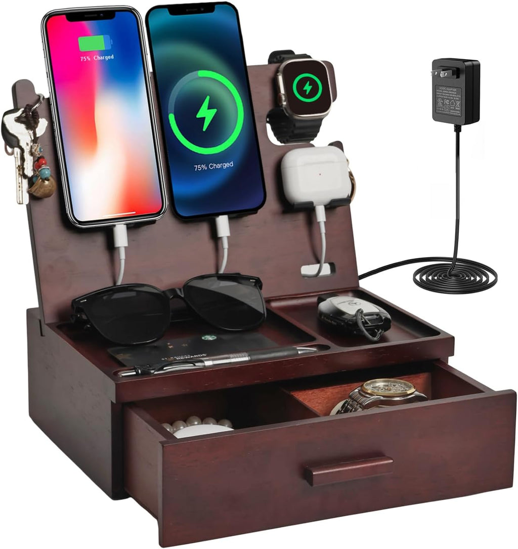 Nightstand Organizer with Drawer Built in 4 USB Quick Charger, Wood Phone Docking Station with Dual Phone Charging Station for Apple Android Phones Anniversary Birthday Gifts for Men Dad Hunsband Mom