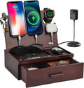 Nightstand Organizer with Drawer Built in 4 USB Quick Charger, Wood Phone Docking Station with Dual Phone Charging Station for Apple Android Phones Anniversary Birthday Gifts for Men Dad Hunsband Mom