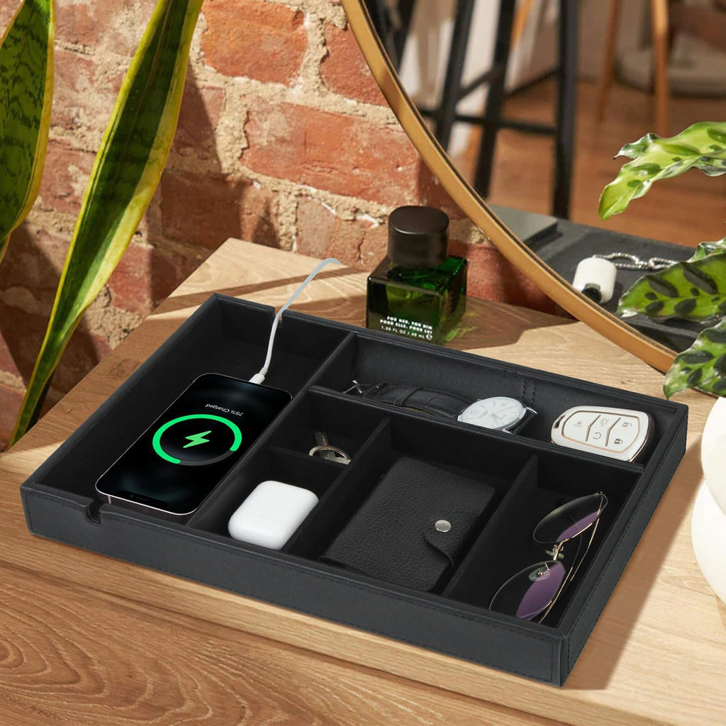 Faux Leather Valet Tray for Gift, Nightstand Organizer Decorative Dresser Tray Box with Phone Charging Station, Storage Catchall for Men and Women (Black Organizer)
