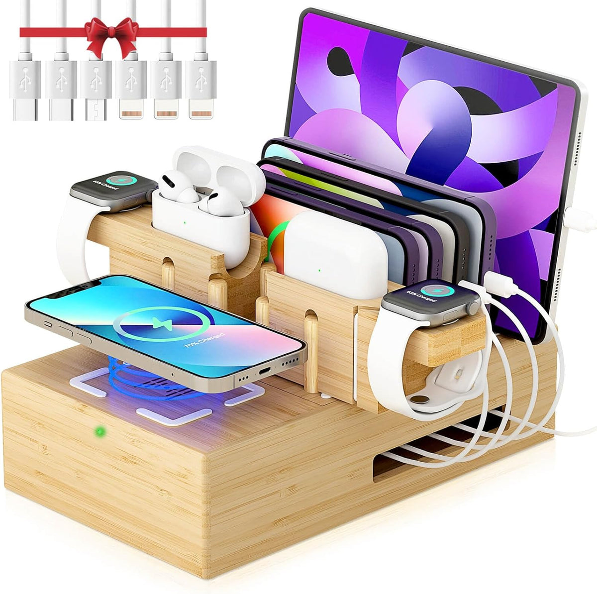 Bamboo Wireless Charging Station for Multiple Devices,Wood Charging Station